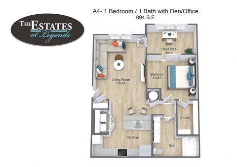 Floor plan for 1 bed, 1 bath, 894 sqft